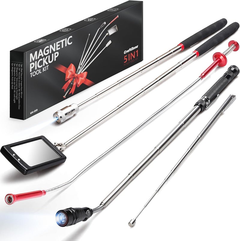 CRAFTZONE Telescoping Magnetic Pickup Tool Set, Inspection Mirrors and Four Claw Grabber Tool, Flexible LED Flashlight, Magnet Stick, Cool Gadgets for Men, Gifts for Dad, Husband - Image 1